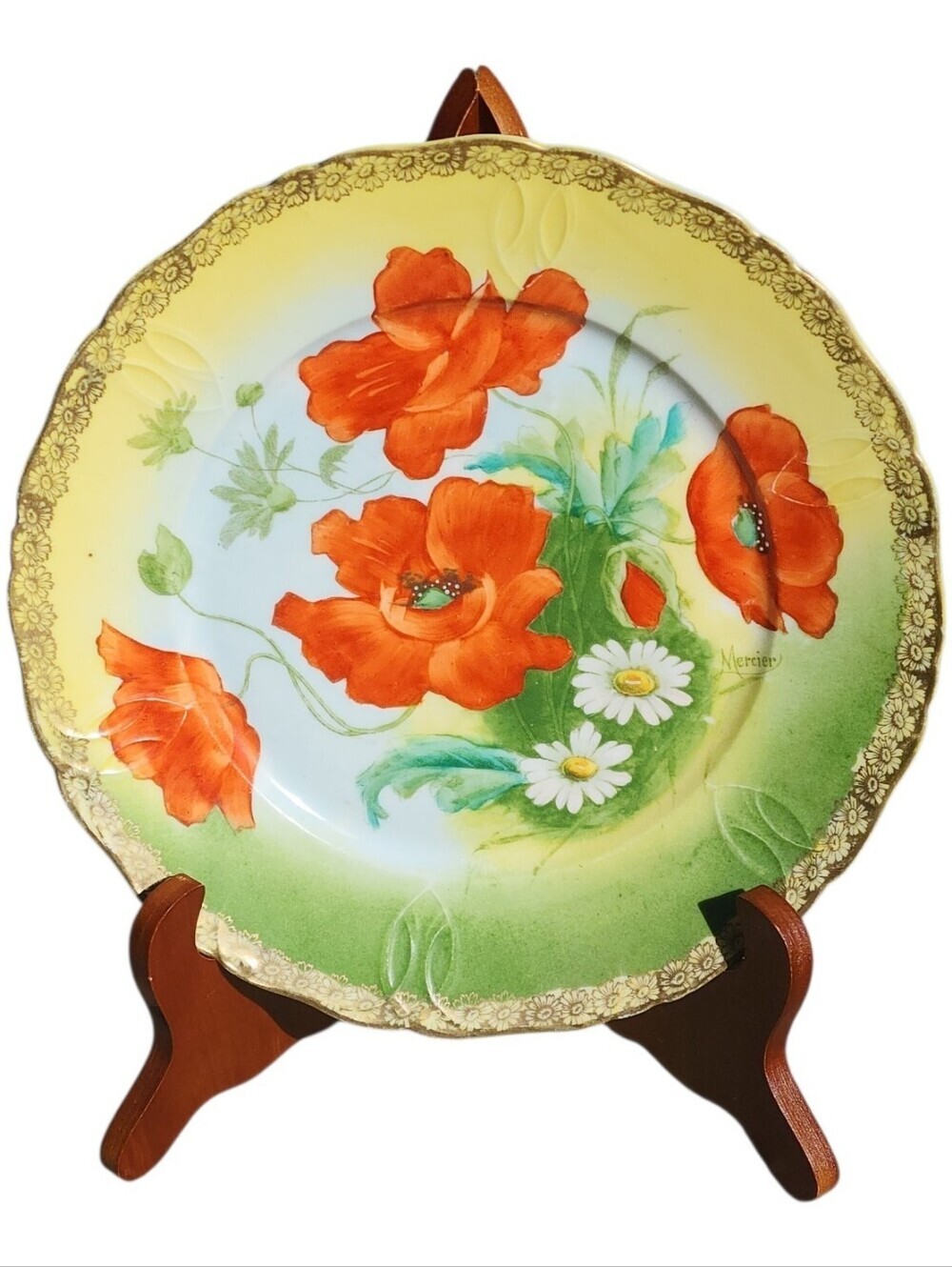 Antique Hand Painted Prussia Plate Artist Signed Mercier Red Poppy Floral Gold